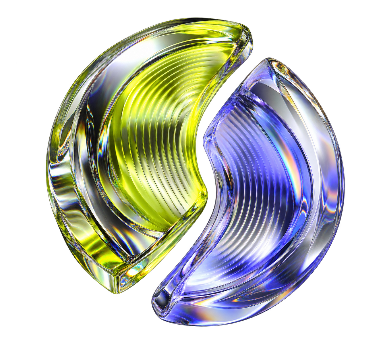 Two opposing optical glass forms, refracting chartreuse and violet light